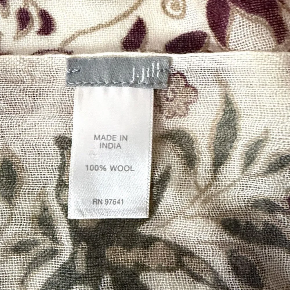 NWOT J. Jill Lightweight Oblong Scarf Woven Wool Paisley Wrap Ivory Red 24x70
